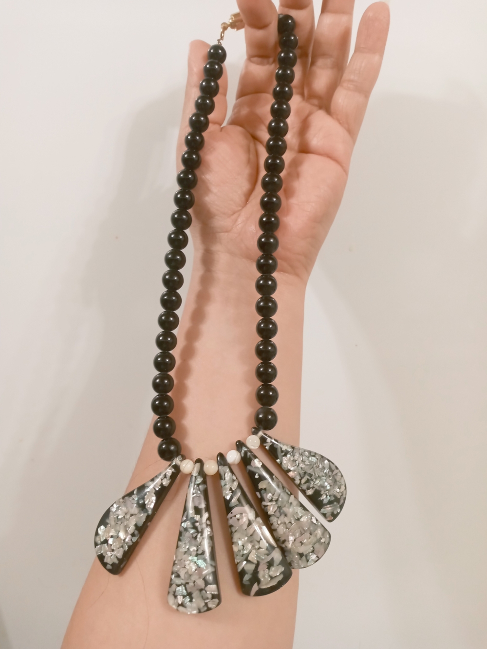 Vintage Black Beaded Statement Necklace with Shell Inlay Accents